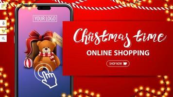 temps de Noël, achats en ligne, bannière de réduction rouge avec grand smartphone avec présent à l'écran. bannière de réduction pour votre site Web vecteur