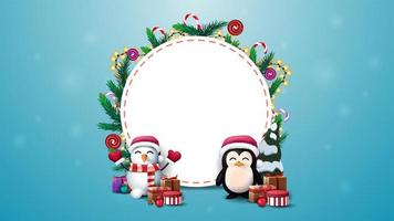 modèle de Noël rond vierge pour votre texte décoré de branches d'arbres de Noël, de bonbons et de guirlandes vecteur