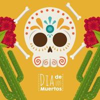 affiche de dia de los muertos avec crâne de mariachi et cactus vecteur