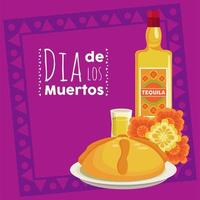 affiche dia de los muertos avec bouteille de tequila et fleurs vecteur