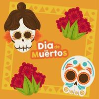 affiche dia de los muertos avec katrina et tête de crânes et fleurs vecteur
