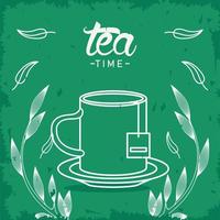affiche de lettrage dheure du thé avec tasse de thé et feuilles vecteur