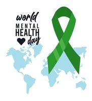 campagne de la journée mondiale de la santé mentale avec cartes de la terre et ruban vecteur