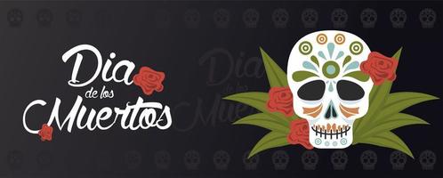 affiche dia de los muertos avec tête de mort et fleurs vecteur