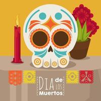 affiche dia de los muertos avec tête de crâne et bougie et fleurs vecteur