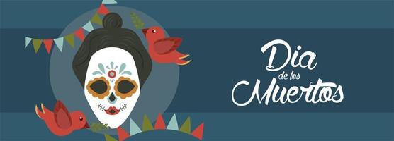 affiche de dia de los muertos avec crâne de katrina et oiseaux vecteur