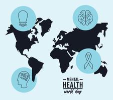 campagne de la journée mondiale de la santé mentale avec des cartes de la terre et des icônes vecteur