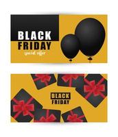 Bannière de lettres de vente vendredi noir avec des cadeaux en fond jaune vecteur