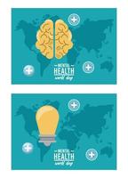 campagne de la journée mondiale de la santé mentale avec cerveau et ampoule sur les cartes de la terre vecteur