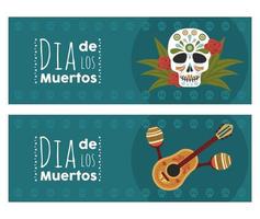 affiche dia de los muertos avec tête de mort et instruments vecteur