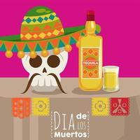 affiche dia de los muertos avec crâne de mariachi et bouteille de tequila vecteur