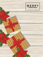 Carte de joyeux Noël avec des cadeaux dorés et des fleurs sur fond de bois vecteur