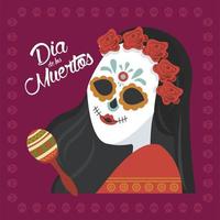 affiche de dia de los muertos avec crâne de katrina et maraca vecteur