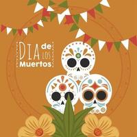 affiche de dia de los muertos avec des crânes et des guirlandes vecteur