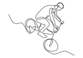 dessin de ligne continue unique de jeune cycliste montrent un truc risqué extrême de style libre. vecteur