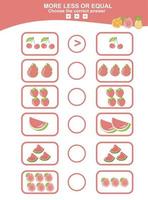 jeu éducatif de mathématiques pour les enfants. choisissez plus, moins ou jeu égal. jeu de thème mathématique sur les fruits tropicaux. feuille de travail mathématique imprimable éducative. illustration vectorielle en style cartoon. vecteur