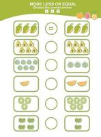 jeu éducatif de mathématiques pour les enfants. choisissez plus, moins ou jeu égal. jeu de thème mathématique sur les fruits tropicaux. feuille de travail mathématique imprimable éducative. illustration vectorielle en style cartoon. vecteur