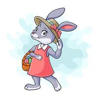 beau dessin animé de lapin portant un panier d'oeufs de pâques vecteur