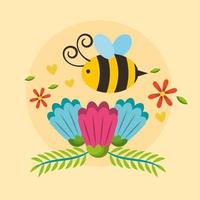 bonjour affiche de printemps avec des fleurs et des abeilles qui volent vecteur