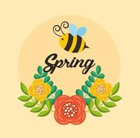 bonjour affiche de printemps avec des fleurs et des abeilles qui volent vecteur
