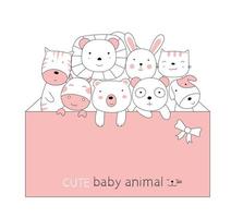 dessin animé mignon bébé animaux avec une enveloppe rose. style dessiné à la main. vecteur