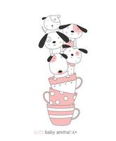 dessin animé mignon bébé chiens dans des tasses à thé. style dessiné à la main. vecteur