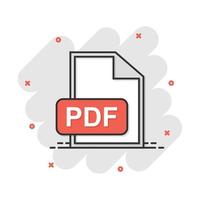icône de téléchargement de pdf de dessin animé vectoriel dans le style comique. pictogramme d'illustration de signe de format pdf. concept d'effet d'éclaboussure d'entreprise de document.