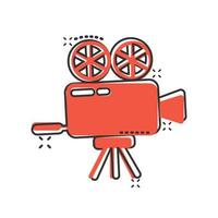 icône de projecteur dans le style comique. illustration de vecteur de dessin animé de caméra de cinéma sur fond blanc isolé. concept d'entreprise d'effet d'éclaboussure de film.