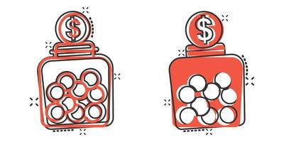 icône de la tirelire dans le style comique. illustration de vecteur de dessin animé de conteneur de pot de pièce sur fond blanc isolé. concept d'entreprise d'effet d'éclaboussure de tirelire de don.