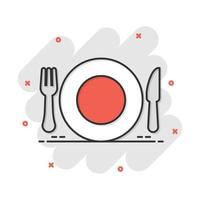 icône de restaurant fourchette et couteau dans le style comique. pictogramme d'illustration de dessin animé de vecteur d'équipement de dîner. effet d'éclaboussure de concept d'entreprise de restaurant.