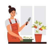 le concept de la culture de légumes à la maison. une femme plante des semis. vecteur