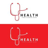 logo de soins de santé, conception de soins infirmiers et de bien-être, icône de stéthoscope et vague vectorielle de ligne simple vecteur