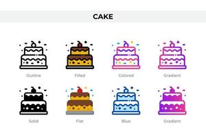 icônes de gâteau dans un style différent. jeu d'icônes de gâteau. symbole de vacances. jeu d'icônes de style différent. illustration vectorielle vecteur