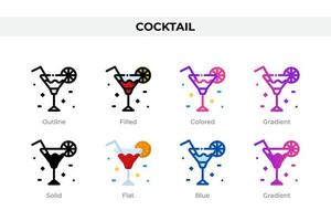 icônes de cocktail dans un style différent. jeu d'icônes de cocktails. symbole de vacances. jeu d'icônes de style différent. illustration vectorielle vecteur