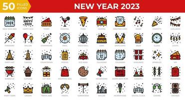 icônes du nouvel an 2023 dans un style de contour rempli. calendrier, confettis, pizza. collection d'icônes de contour rempli. symbole de vacances. illustration vectorielle vecteur