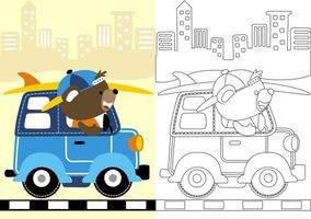 dessin animé vectoriel d'ours mignon conduisant une voiture chargeant une planche de surf sur fond de bâtiments, livre de coloriage ou page