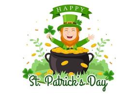 bonne illustration de la saint patrick avec des enfants, des pièces d'or, un chapeau vert, des lutins et un trèfle dans un dessin animé plat dessiné à la main pour les modèles de page de destination vecteur