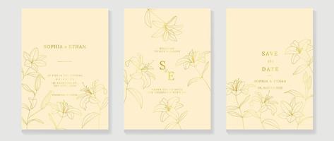 vecteur de fond de carte d'invitation de mariage de luxe. élégante fleur de lys botanique décorer avec un arrière-plan de modèle de texture d'art en ligne d'or. illustration de conception pour le modèle de couverture de mariage et vip, bannière.