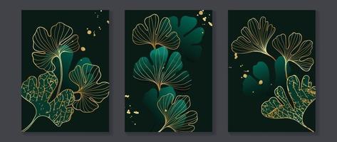 ensemble de vecteurs d'art mural de feuilles tropicales d'or de luxe. dessin au trait doré de feuillage de ginkgo botanique avec texture grunge et feuille scintillante brillant sur fond noir. design pour la décoration de la maison, spa, couverture. vecteur