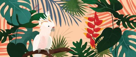 illustration vectorielle de fond tropical coloré. plantes de la jungle, feuilles de palmier, style estival exotique avec oiseau cacatoès et texture aquarelle. design contemporain pour la décoration de la maison, papier peint. vecteur