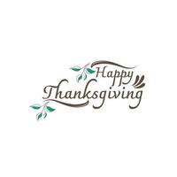 joyeux texte de calligraphie de thanksgiving avec des feuilles vertes illustrées sur fond blanc, typographie vectorielle vecteur