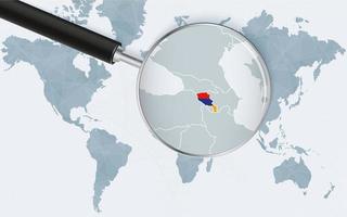 carte du monde avec une loupe pointant vers l'arménie. carte de l'arménie avec le drapeau dans la boucle. vecteur