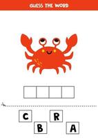 jeu d'orthographe pour les enfants d'âge préscolaire. crabe de dessin animé mignon. vecteur