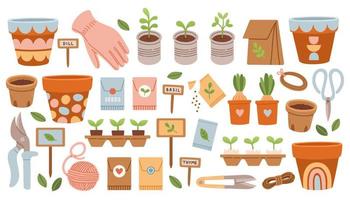 ensemble d'outils de jardinage domestique. pots d'argile d'éléments de jardin de printemps mignon isolés de vecteur, fleurs d'oignon, graines, outil de jardiniers. vecteur