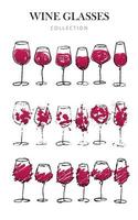 croquis dessiné à la main à l'aquarelle de l'ensemble de verres à vin. collection de verres à vin brosse grunge isolé sur blanc. pour la liste des menus d'un bar ou d'un restaurant, une invitation à une dégustation de vin ou une fête. éclaboussures de peinture rouge. vecteur.