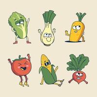 ensemble de main tiré rétro dessin animé des légumes vecteur