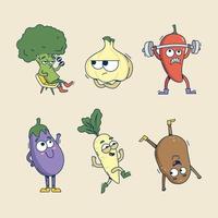 ensemble de main tiré rétro dessin animé des légumes vecteur