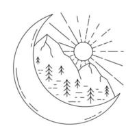 Montagne avec lune et Soleil monoline ou ligne art. vecteur illustration