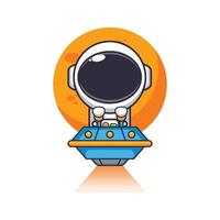 mignonne astronaute mascotte dessin animé personnage mouche avec OVNI. vecteur