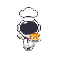 mignonne chef astronaute mascotte dessin animé personnage avec gâteau. vecteur